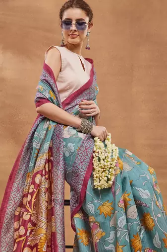Turquoise silk blend floral printed girlie rich looks fancy saree