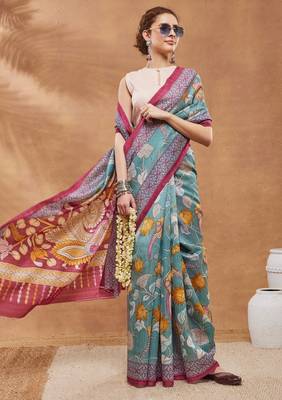 Turquoise silk blend floral printed girlie rich looks fancy saree 4