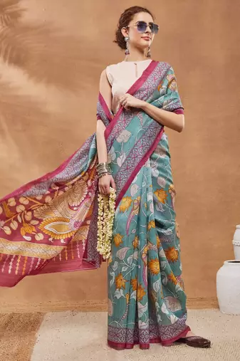 Turquoise silk blend floral printed girlie rich looks fancy saree
