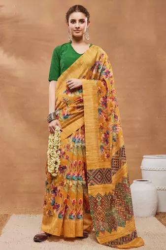 Mustard silk blend floral printed girlie rich looks fancy saree