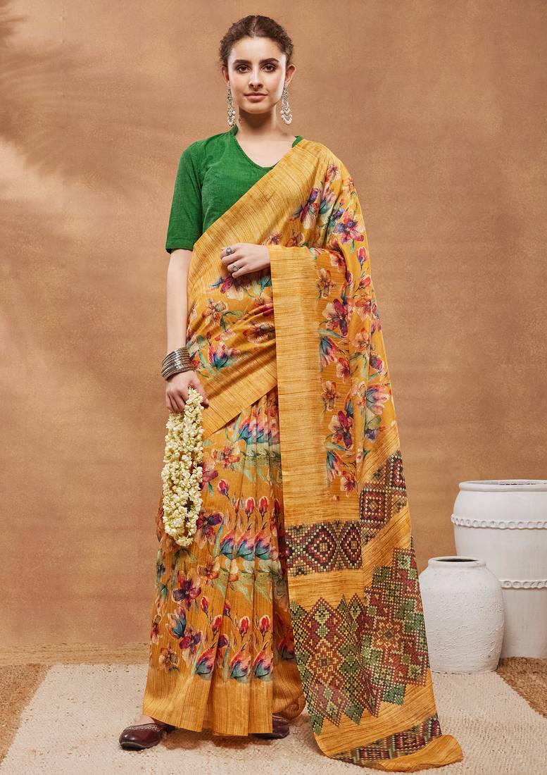 Mustard silk blend floral printed girlie rich looks fancy saree