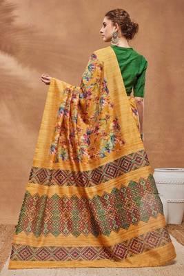 Mustard silk blend floral printed girlie rich looks fancy saree 2