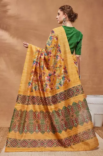 Mustard silk blend floral printed girlie rich looks fancy saree
