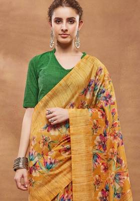 Mustard silk blend floral printed girlie rich looks fancy saree 3