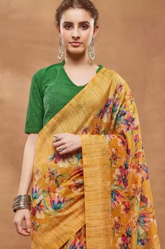 Mustard silk blend floral printed girlie rich looks fancy saree