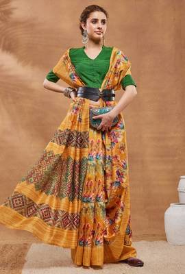Mustard silk blend floral printed girlie rich looks fancy saree 4