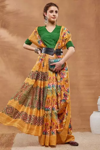 Mustard silk blend floral printed girlie rich looks fancy saree