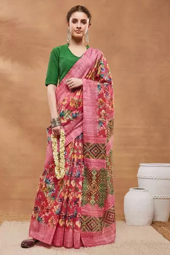 Pink silk blend floral printed girlie rich looks fancy saree