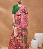 Pink silk blend floral printed girlie rich looks fancy saree