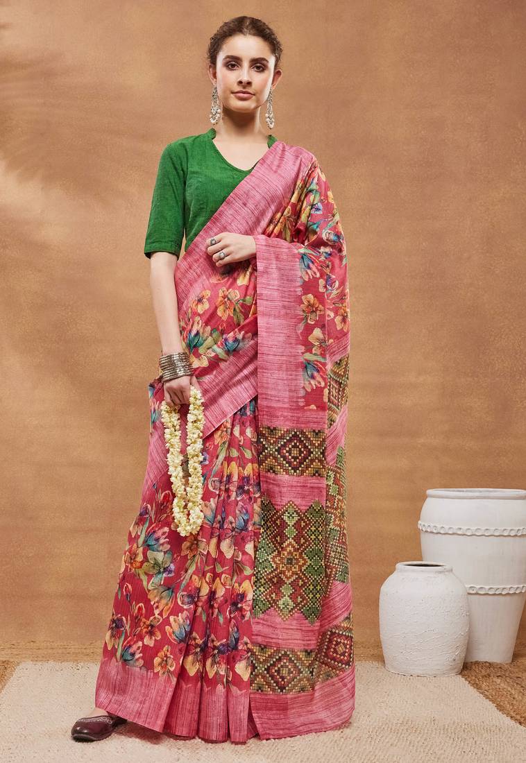 Pink silk blend floral printed girlie rich looks fancy saree