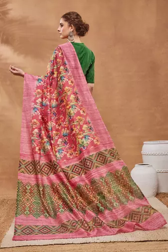 Pink silk blend floral printed girlie rich looks fancy saree