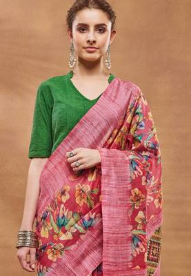 Pink silk blend floral printed girlie rich looks fancy saree 3