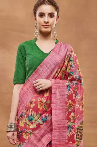 Pink silk blend floral printed girlie rich looks fancy saree