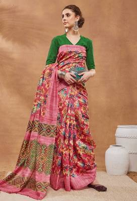 Pink silk blend floral printed girlie rich looks fancy saree 4