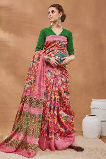 Pink silk blend floral printed girlie rich looks fancy saree
