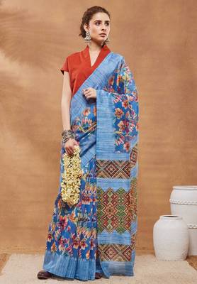 Blue silk blend floral printed girlie rich looks fancy saree 1