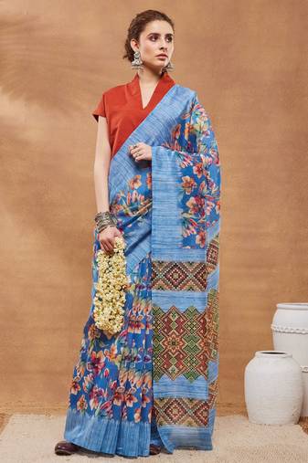 Blue silk blend floral printed girlie rich looks fancy saree