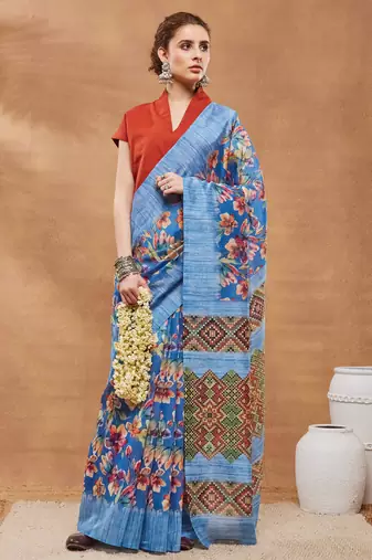 Blue silk blend floral printed girlie rich looks fancy saree