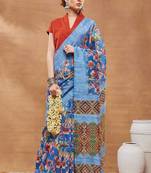 Blue silk blend floral printed girlie rich looks fancy saree