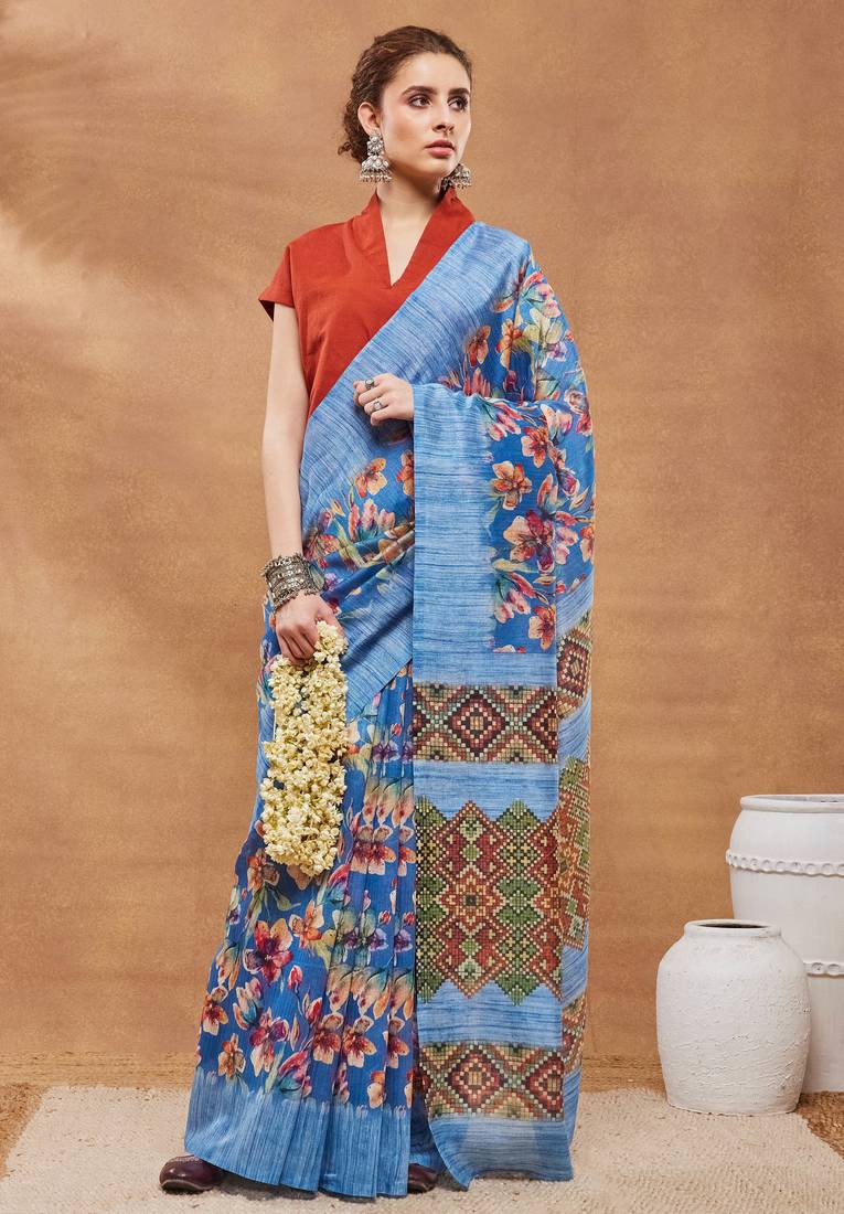 Blue silk blend floral printed girlie rich looks fancy saree