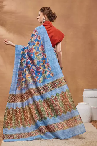 Blue silk blend floral printed girlie rich looks fancy saree