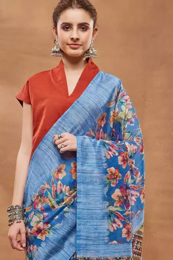 Blue silk blend floral printed girlie rich looks fancy saree