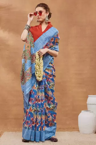 Blue silk blend floral printed girlie rich looks fancy saree