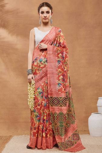 Orange silk blend floral printed girlie rich looks fancy saree