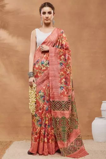 Orange silk blend floral printed girlie rich looks fancy saree