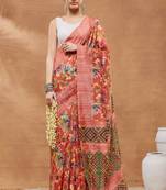 Orange silk blend floral printed girlie rich looks fancy saree