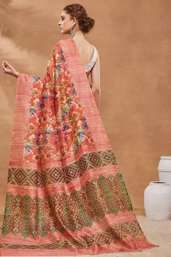 Orange silk blend floral printed girlie rich looks fancy saree