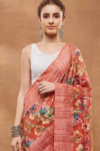 Orange silk blend floral printed girlie rich looks fancy saree