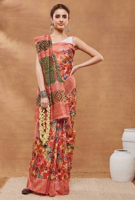 Orange silk blend floral printed girlie rich looks fancy saree 4