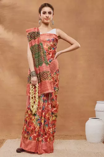 Orange silk blend floral printed girlie rich looks fancy saree
