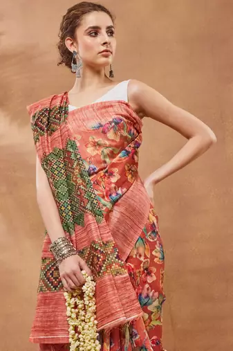 Orange silk blend floral printed girlie rich looks fancy saree