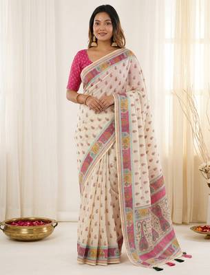 White linen silk blend sophisticated rich looks printed saree 1
