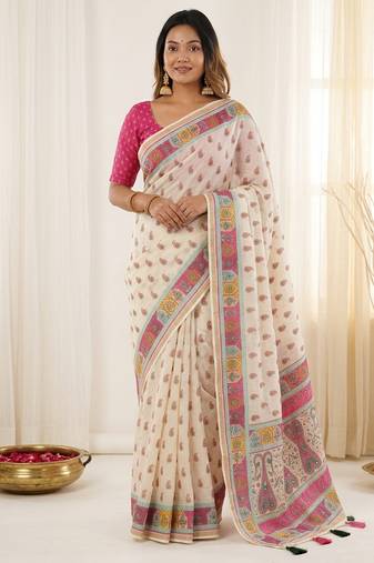 White linen silk blend sophisticated rich looks printed saree