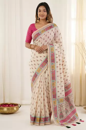 White linen silk blend sophisticated rich looks printed saree