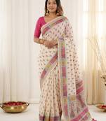 White linen silk blend sophisticated rich looks printed saree