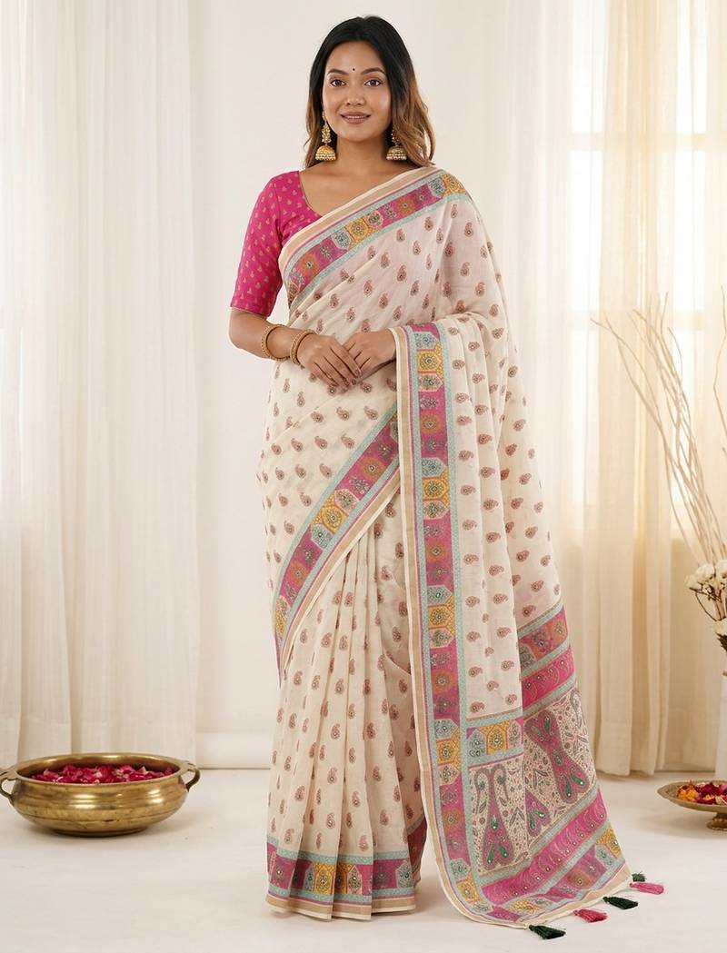 White linen silk blend sophisticated rich looks printed saree