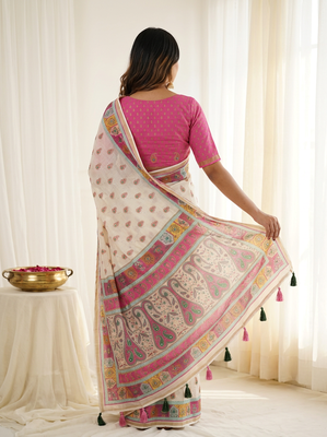 White linen silk blend sophisticated rich looks printed saree 2