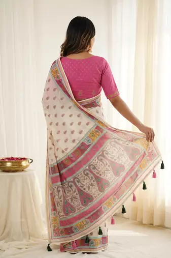 White linen silk blend sophisticated rich looks printed saree