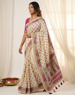 White linen silk blend sophisticated rich looks printed saree 4