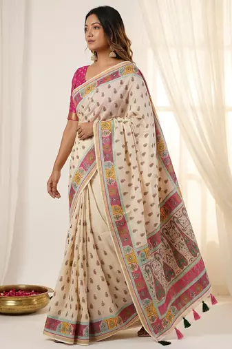 White linen silk blend sophisticated rich looks printed saree