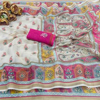 White linen silk blend sophisticated rich looks printed saree 5