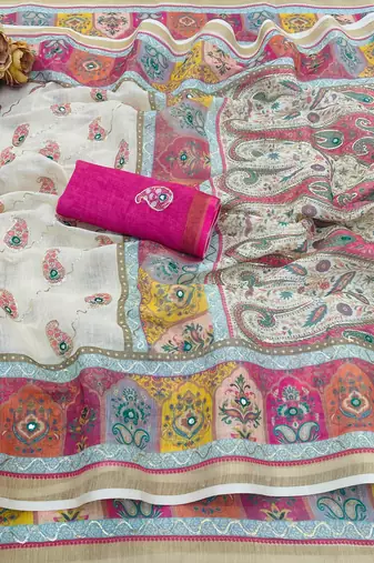 White linen silk blend sophisticated rich looks printed saree
