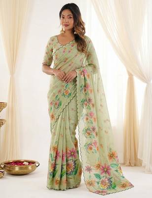 Grey linen silk blend sophisticated rich looks printed saree 1