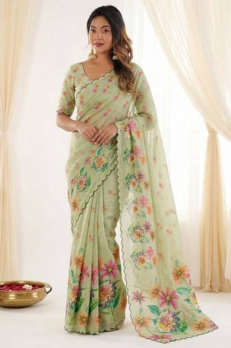 Grey linen silk blend sophisticated rich looks printed saree