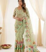 Grey linen silk blend sophisticated rich looks printed saree