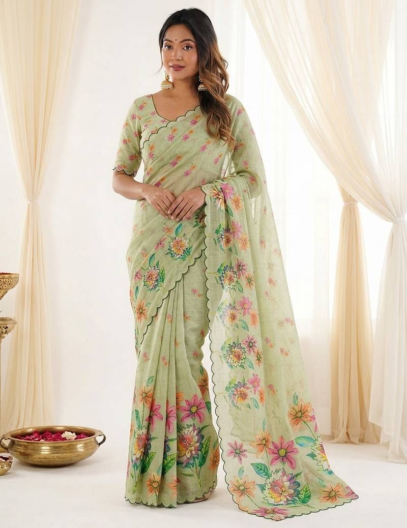 Grey linen silk blend sophisticated rich looks printed saree